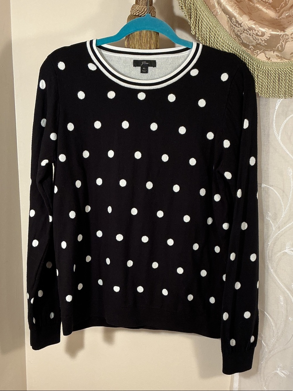 J. Crew Black Crewneck Sweater White Polka Dots Sz XL fits like M Cotton 2 ply